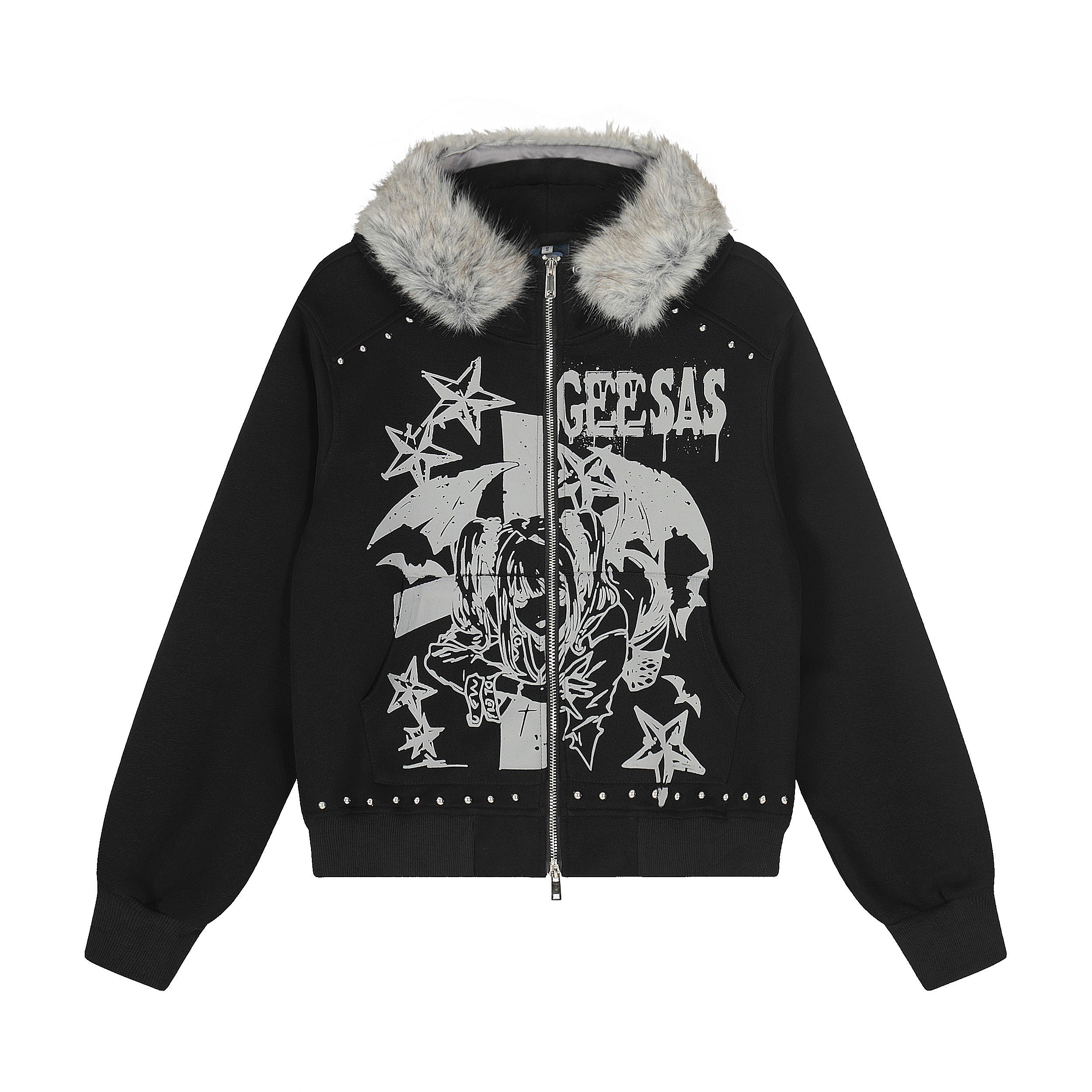 Omirad Faux-Fur Collar Graphic Zip Hoodie