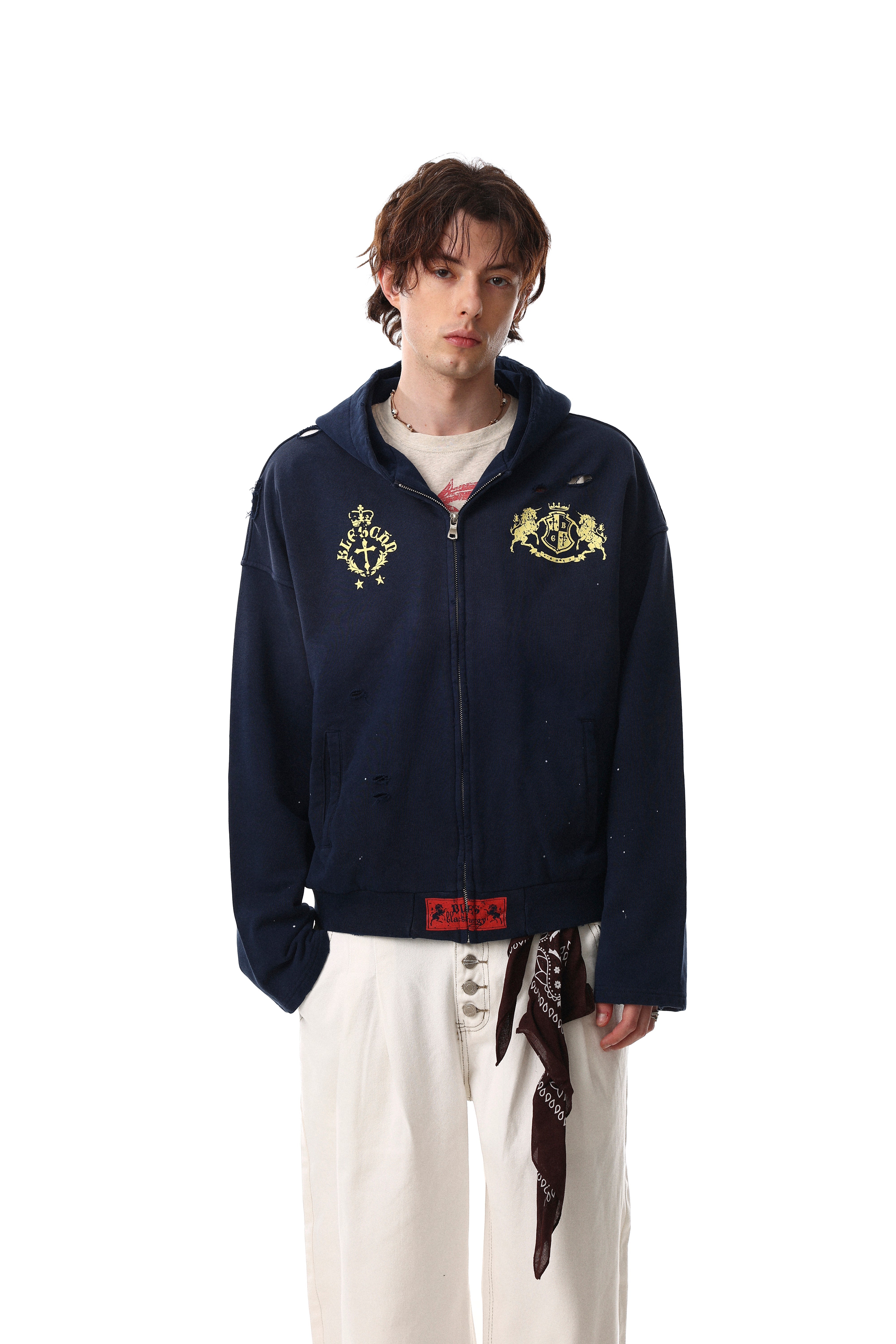 Omirad Distressed Crest Zip-Up Hoodie